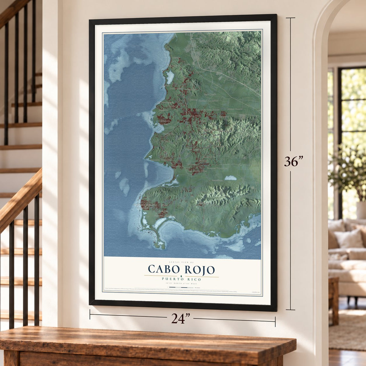 Cabo Rojo, Puerto Rico map, 24 x 36 inch print in a black frame by a staircase