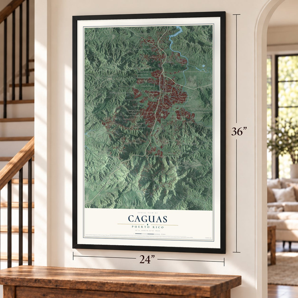 Caguas, Puerto Rico map, 24 x 36 inch print in a black frame by a staircase