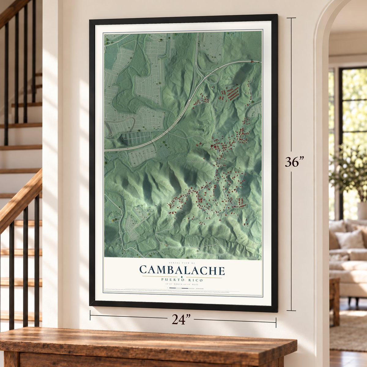 Cambalache, Puerto Rico map, 24 x 36 inch print in a black frame by a staircase