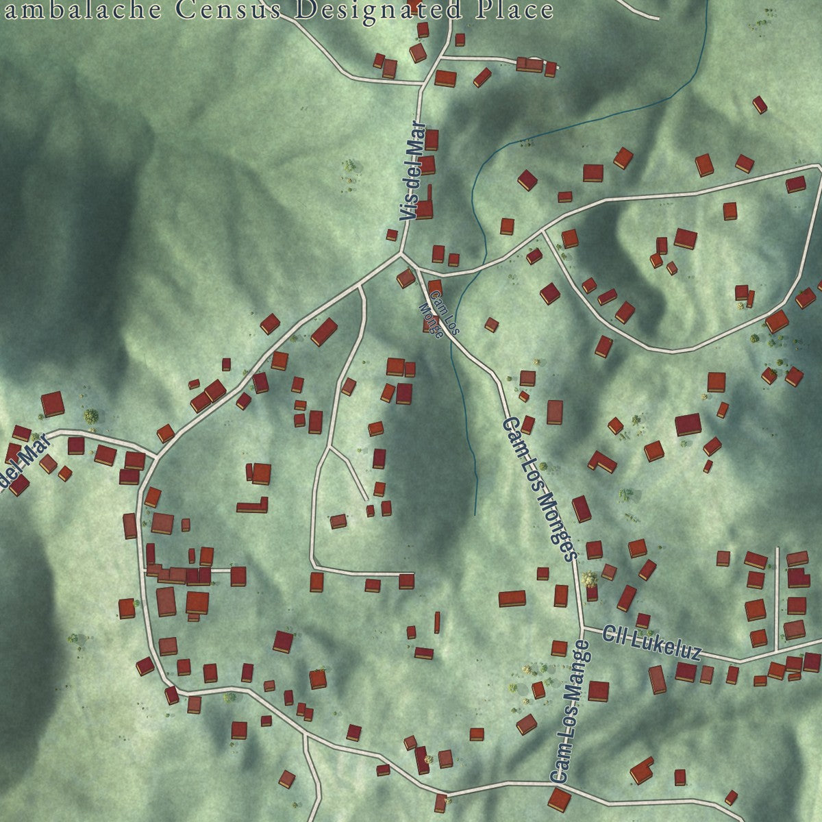 Close-up of the map of Cambalache, Puerto Rico print showing street and building detail