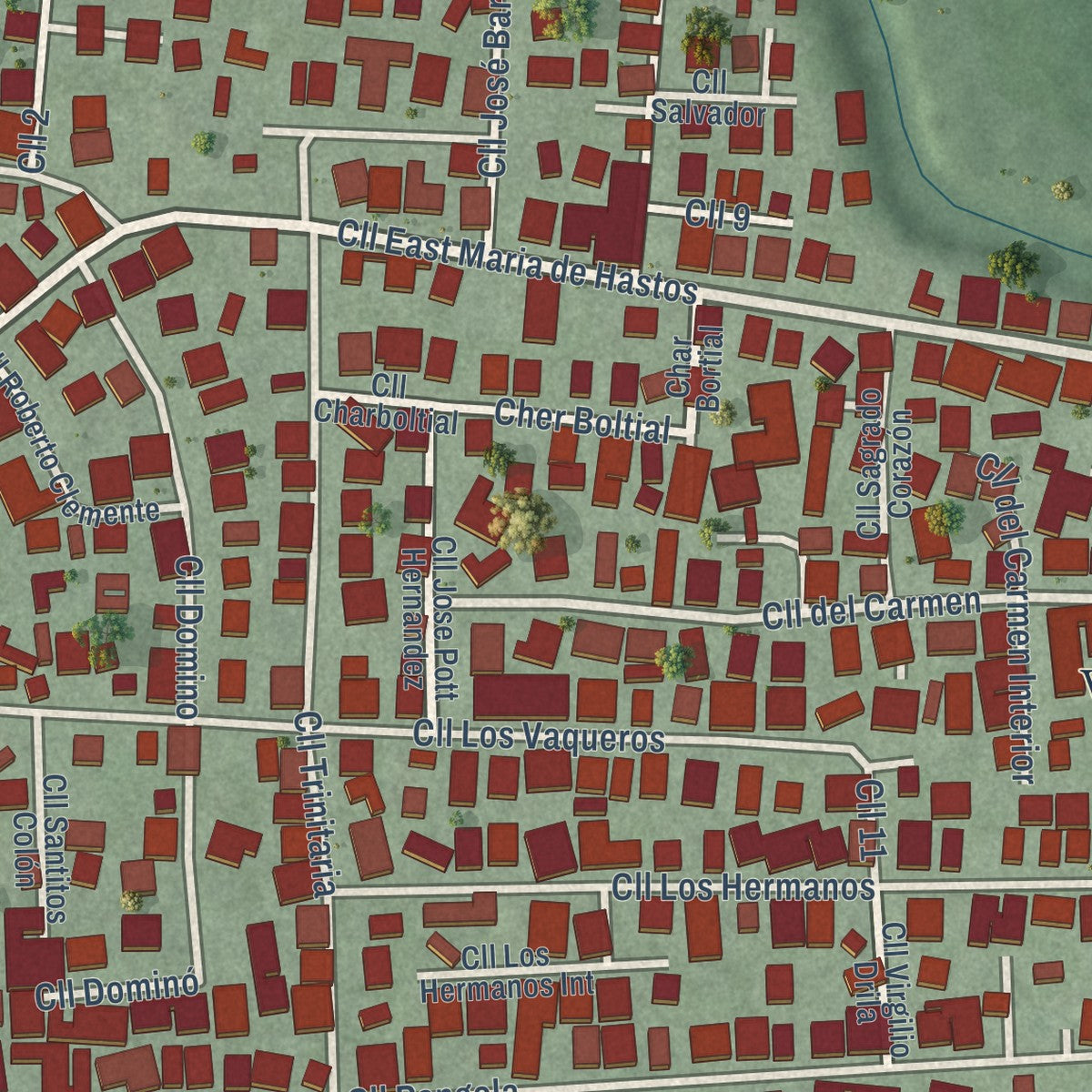 Close-up of the map of Campanilla, Puerto Rico print showing street and building detail