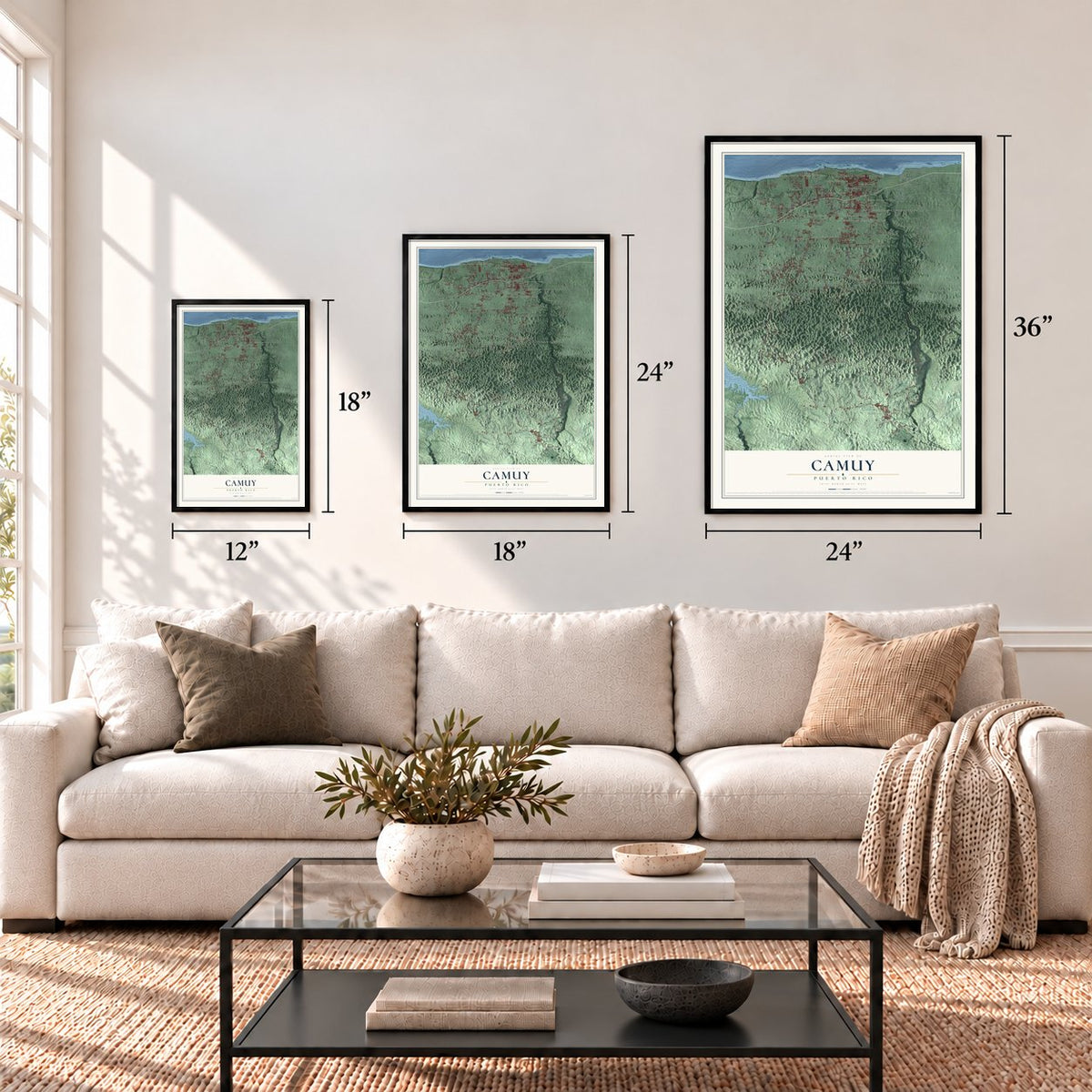 Camuy, Puerto Rico map in 12 x 18, 18 x 24 and 24 x 36 inch sizes above a sofa