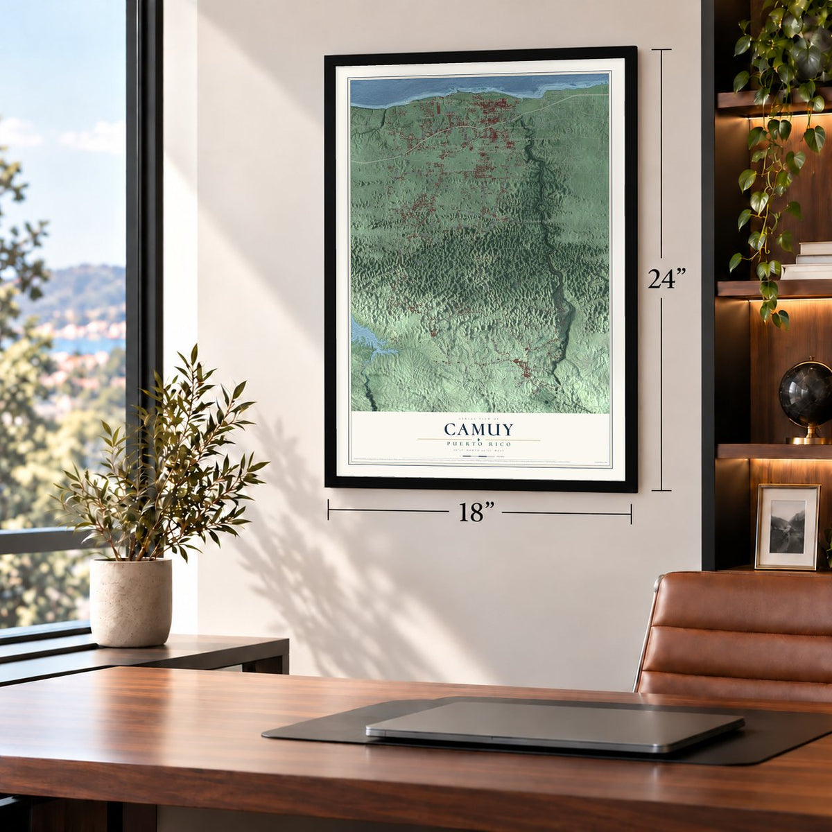 Camuy, Puerto Rico map, 18 x 24 inch print in a black frame in a home office