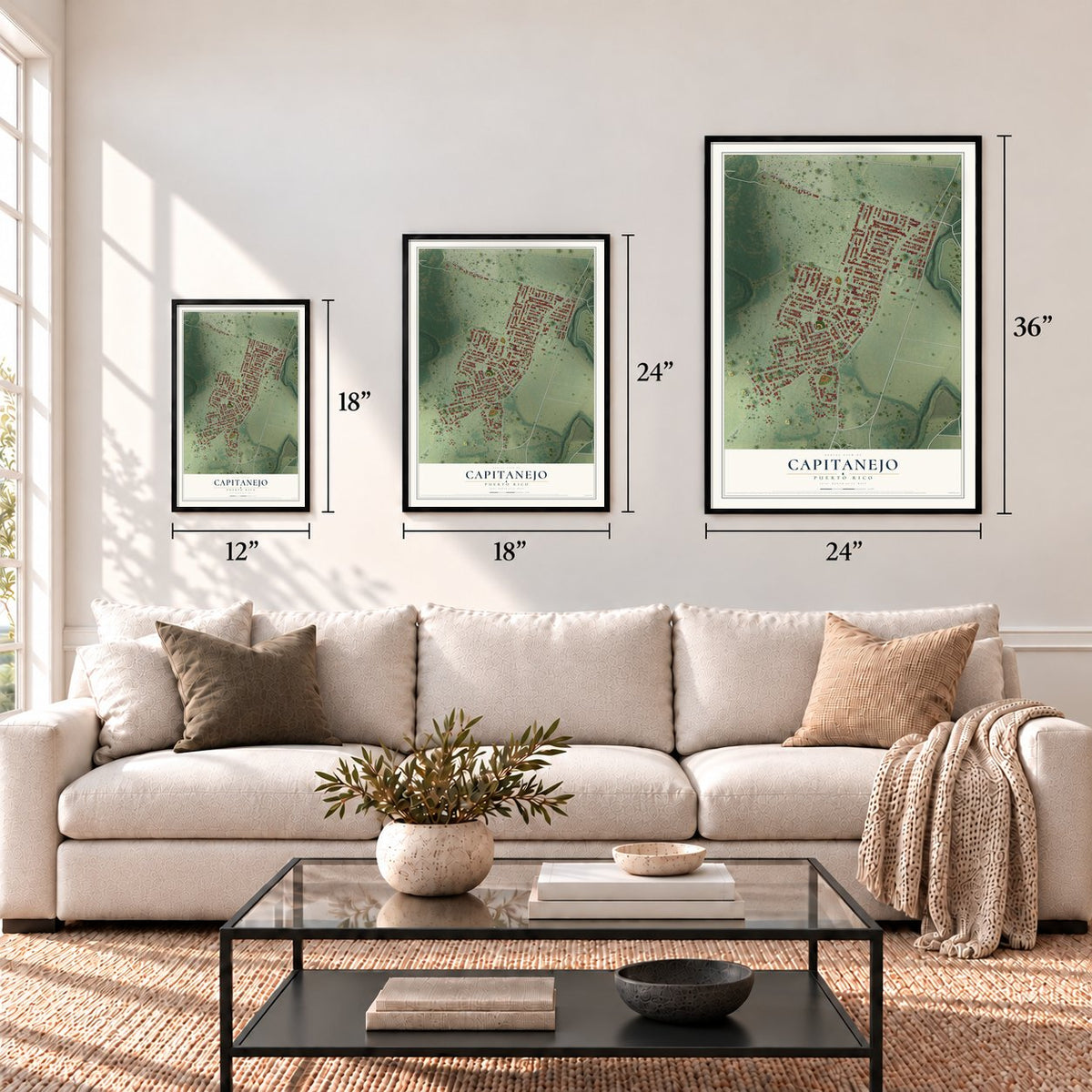 Capitanejo, Puerto Rico map in 12 x 18, 18 x 24 and 24 x 36 inch sizes above a sofa