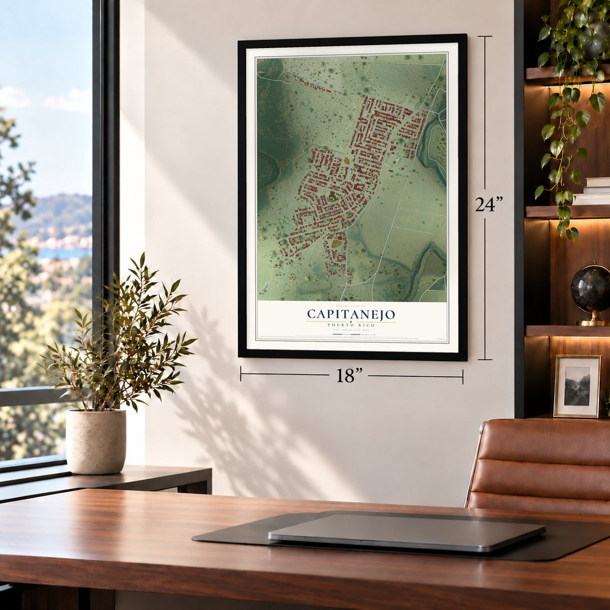 Capitanejo, Puerto Rico map, 18 x 24 inch print in a black frame in a home office