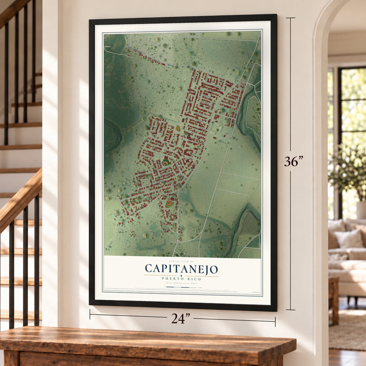 Capitanejo, Puerto Rico map, 24 x 36 inch print in a black frame by a staircase