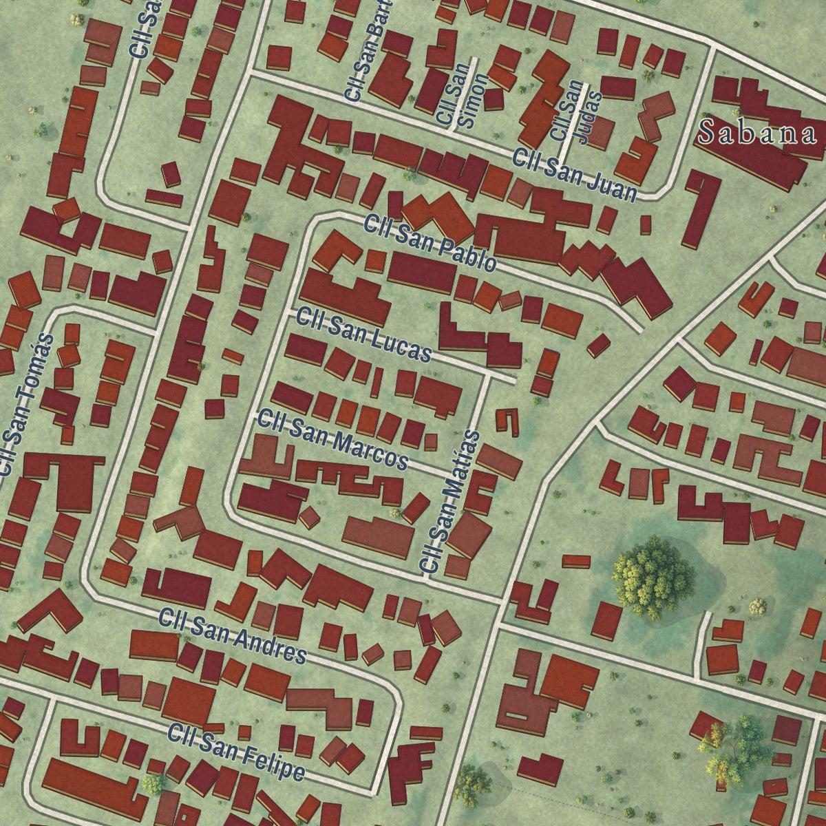 Close-up of the map of Capitanejo, Puerto Rico print showing street and building detail