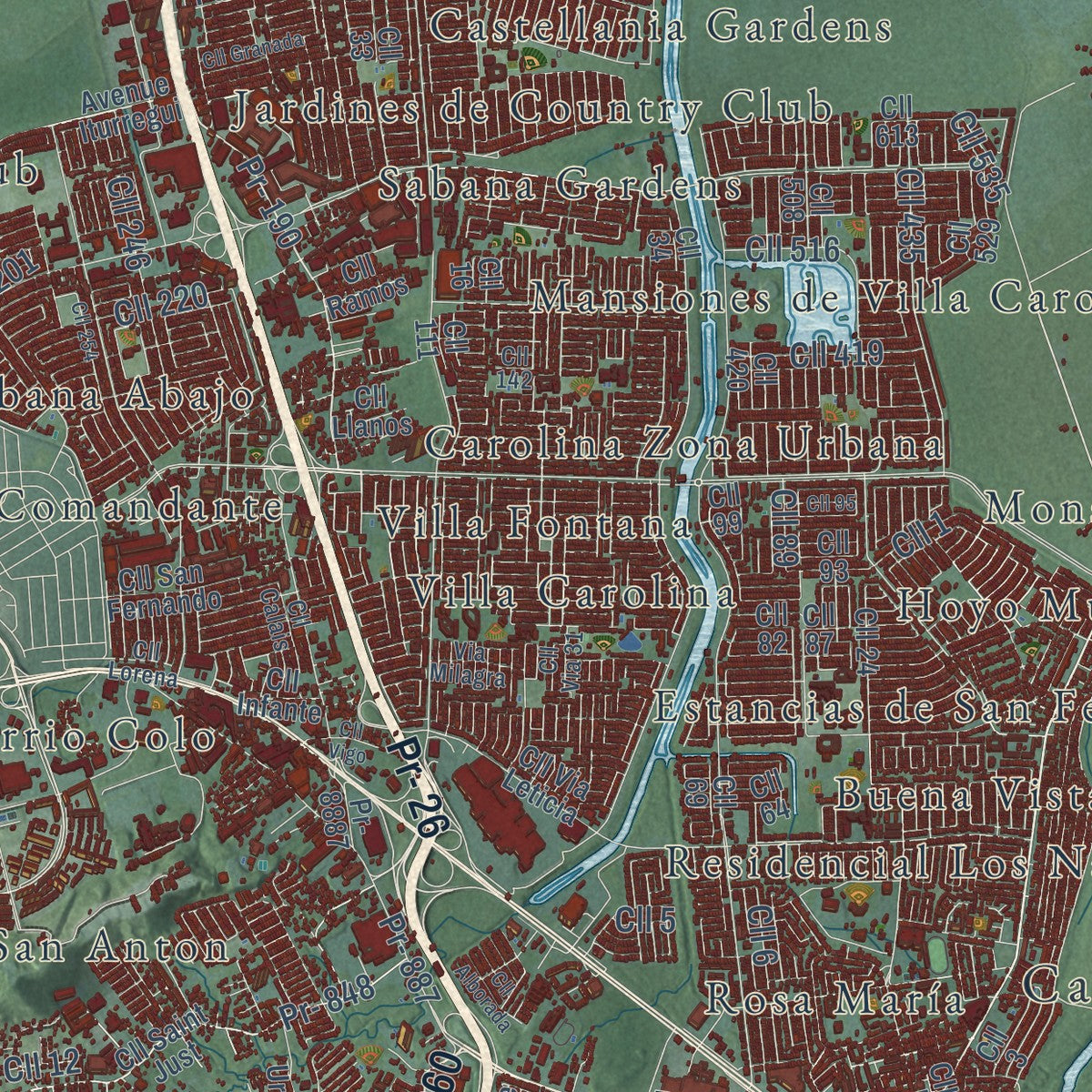 Close-up of the map of Carolina, Puerto Rico print showing street and building detail