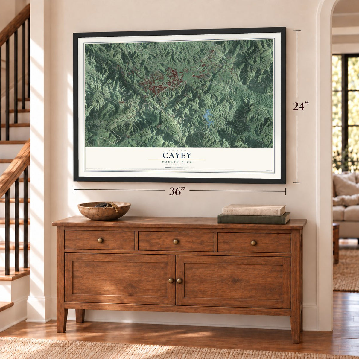 Cayey, Puerto Rico map, 24 x 36 inch print in a black frame above a dresser by a staircase