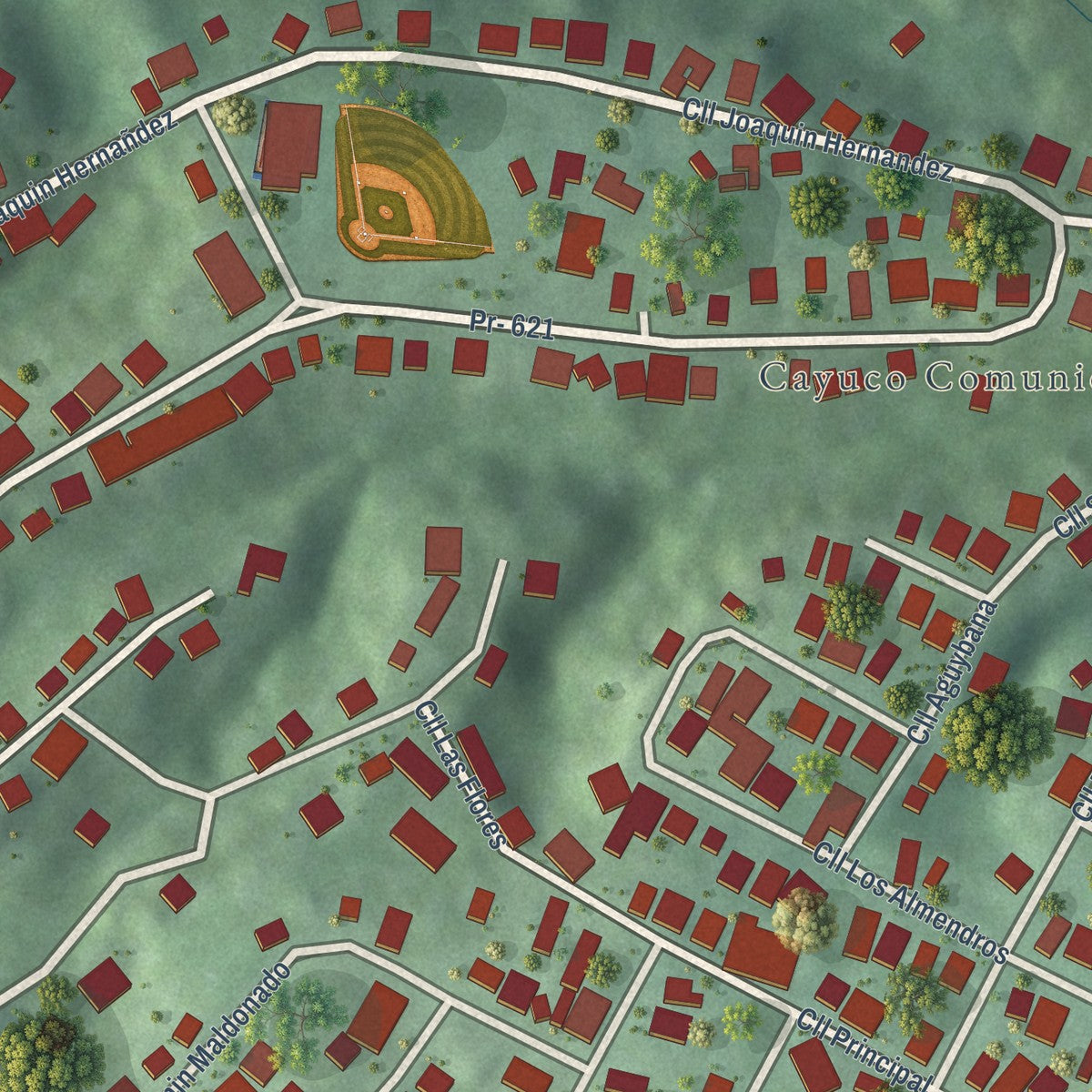 Close-up of the map of Cayuco, Puerto Rico print showing street and building detail
