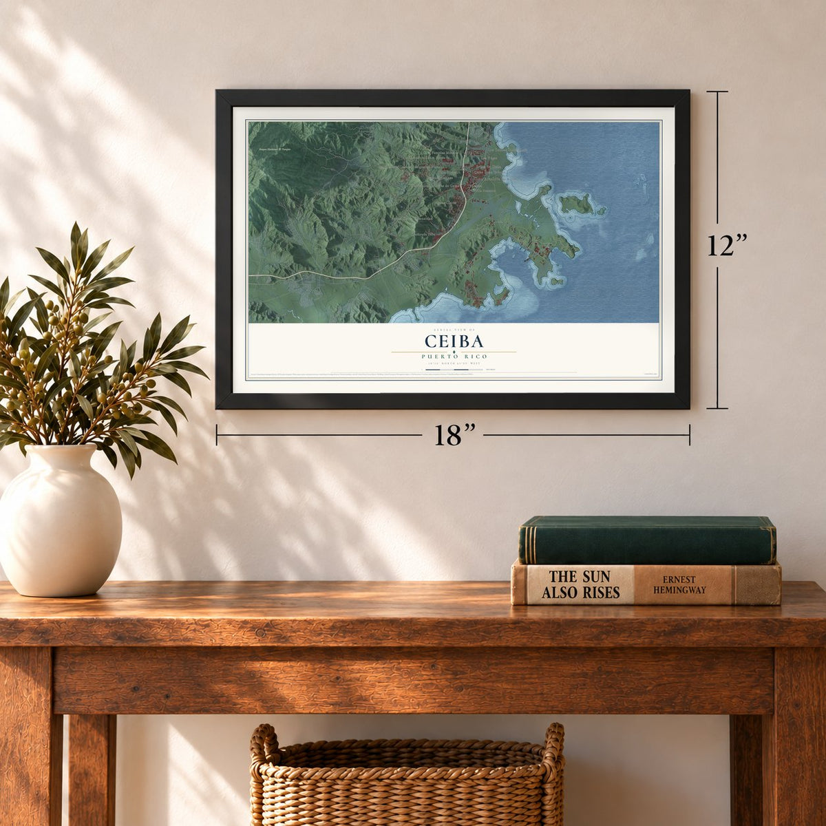 Ceiba, Puerto Rico map, 12 x 18 inch print in a black frame in an entryway
