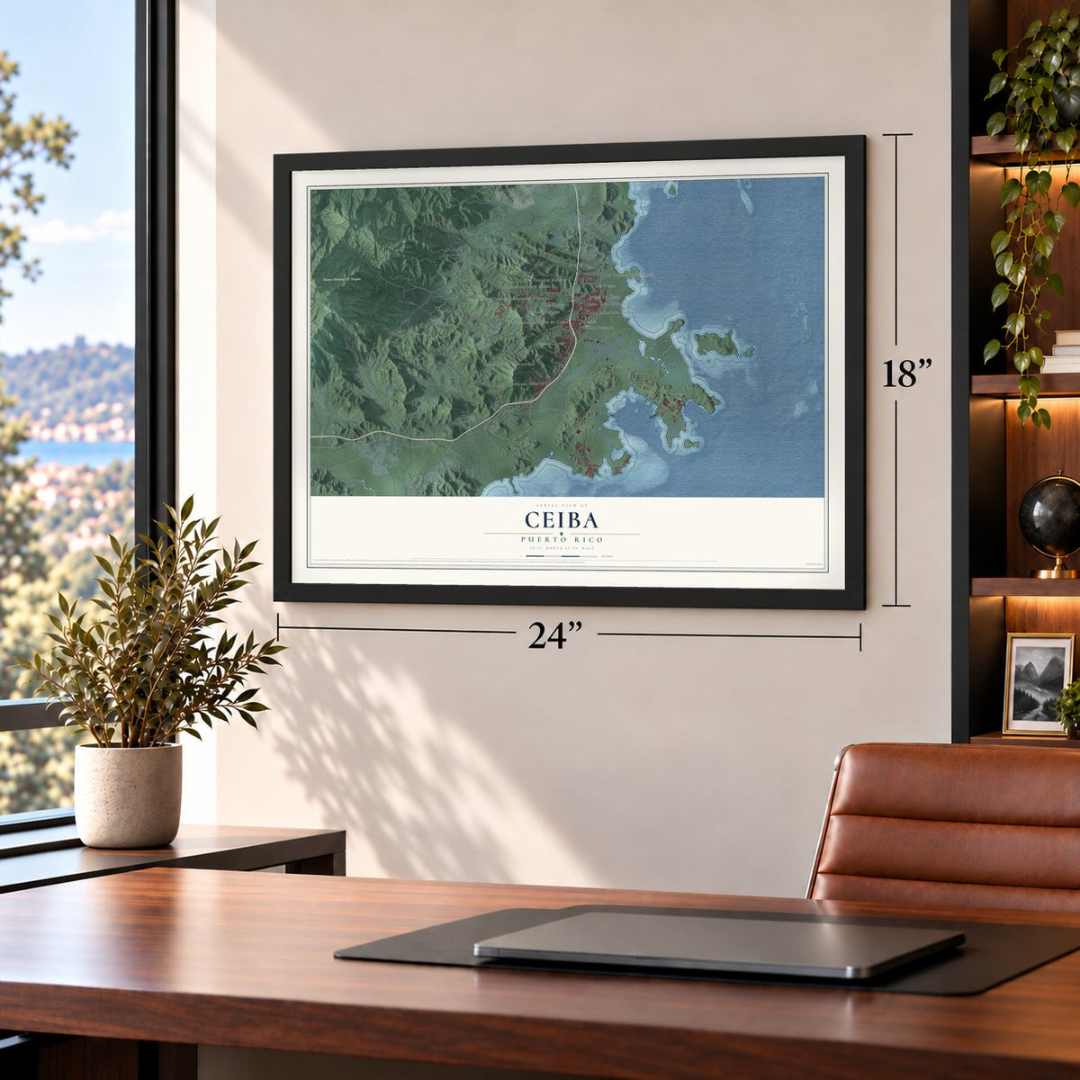 Ceiba, Puerto Rico map, 18 x 24 inch print in a black frame in a home office