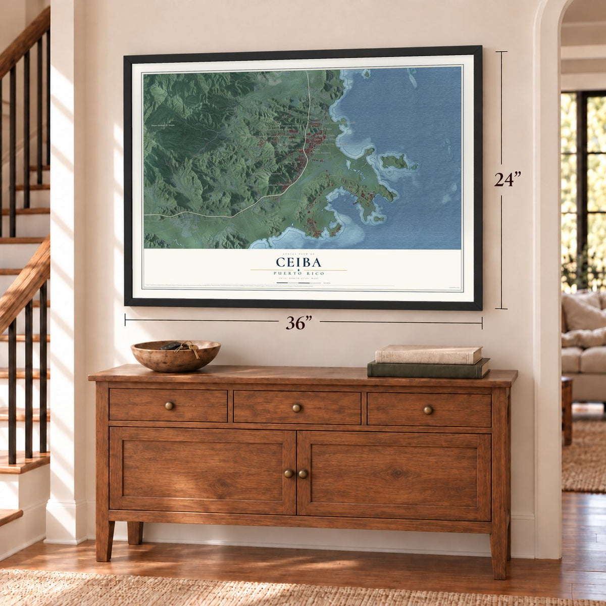 Ceiba, Puerto Rico map, 24 x 36 inch print in a black frame above a dresser by a staircase