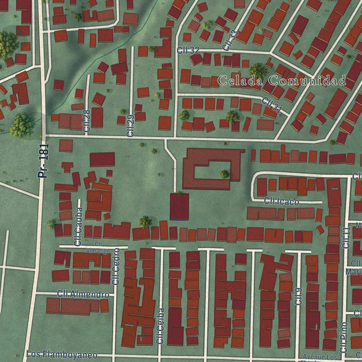Close-up of the map of Celada, Puerto Rico print showing street and building detail