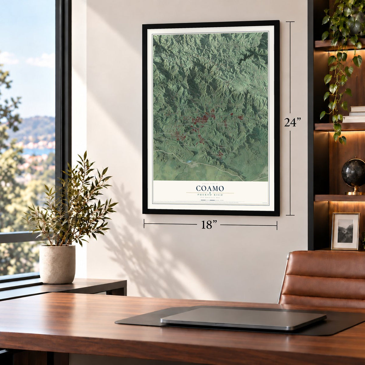 Coamo, Puerto Rico map, 18 x 24 inch print in a black frame in a home office