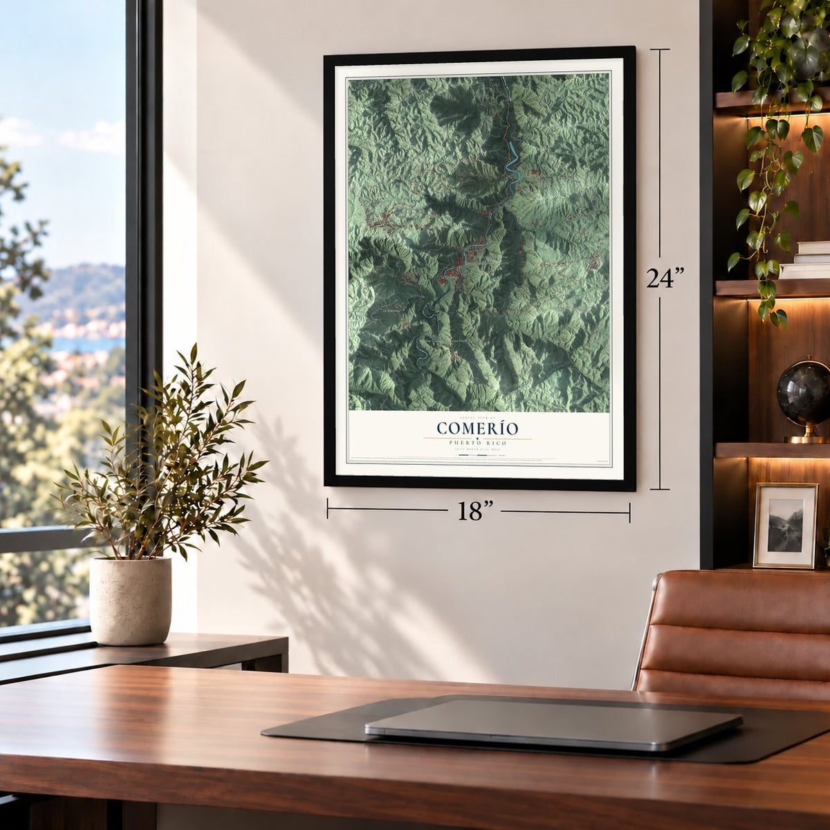 Comerío, Puerto Rico map, 18 x 24 inch print in a black frame in a home office