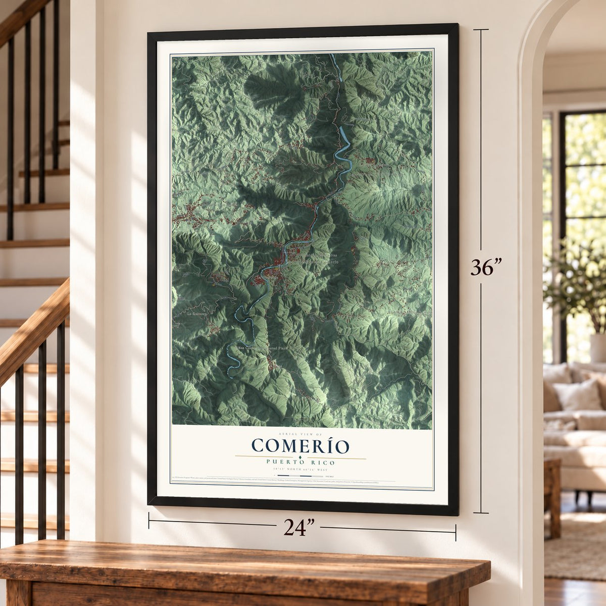 Comerío, Puerto Rico map, 24 x 36 inch print in a black frame by a staircase