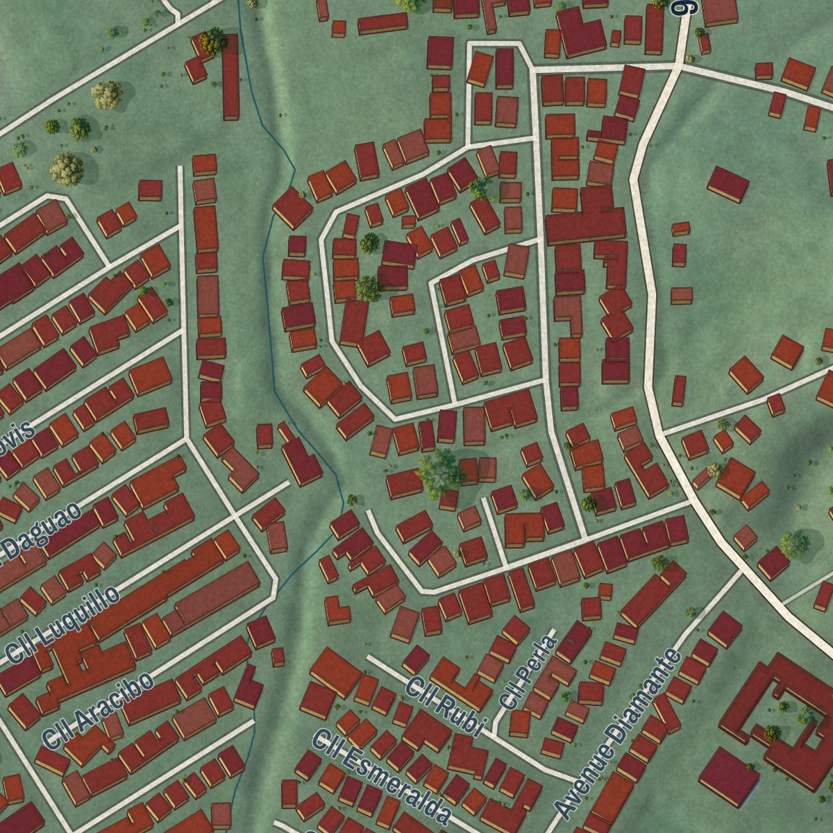 Close-up of the map of Comunas, Puerto Rico print showing street and building detail