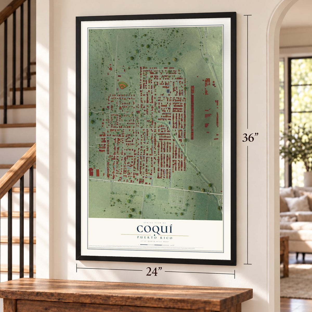 Coquí, Puerto Rico map, 24 x 36 inch print in a black frame by a staircase