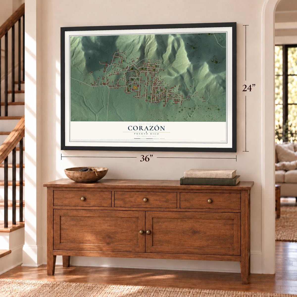 Corazón, Puerto Rico map, 24 x 36 inch print in a black frame above a dresser by a staircase