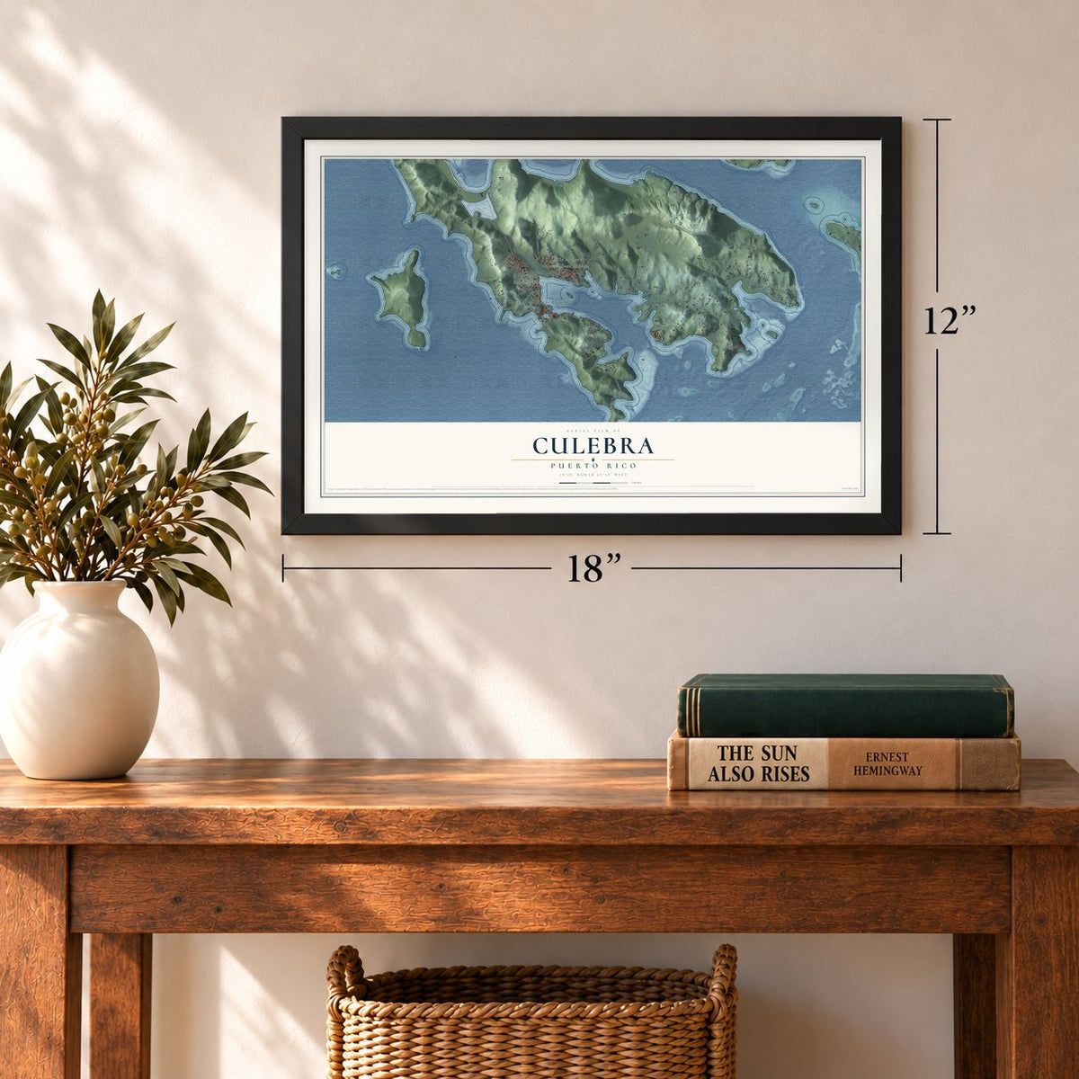 Culebra, Puerto Rico map, 12 x 18 inch print in a black frame in an entryway