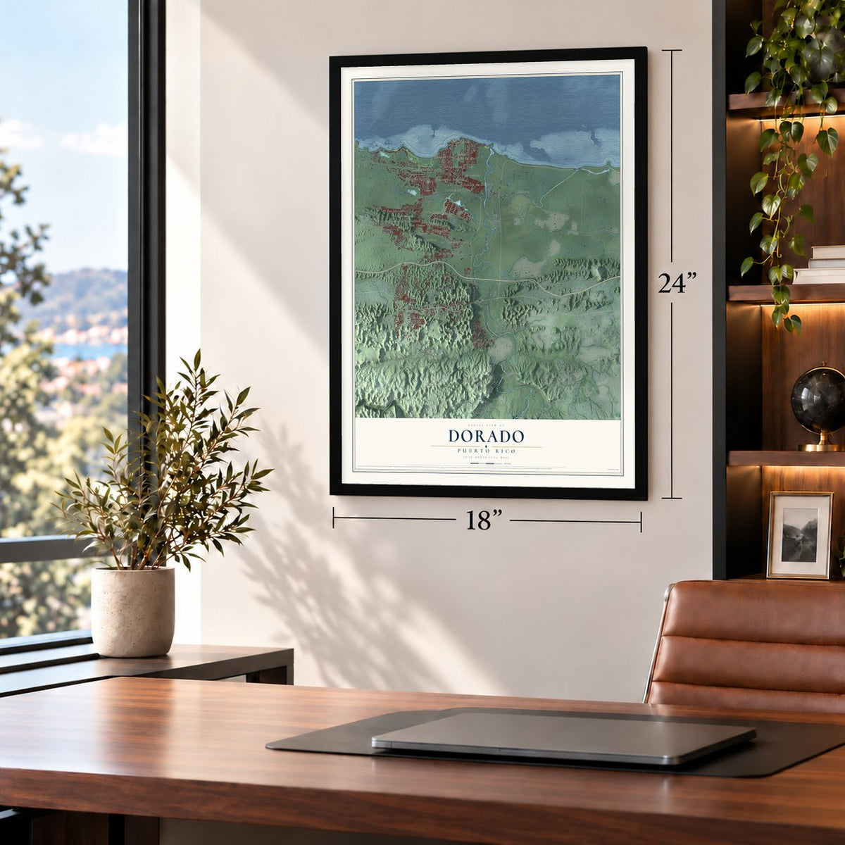 Dorado, Puerto Rico map, 18 x 24 inch print in a black frame in a home office