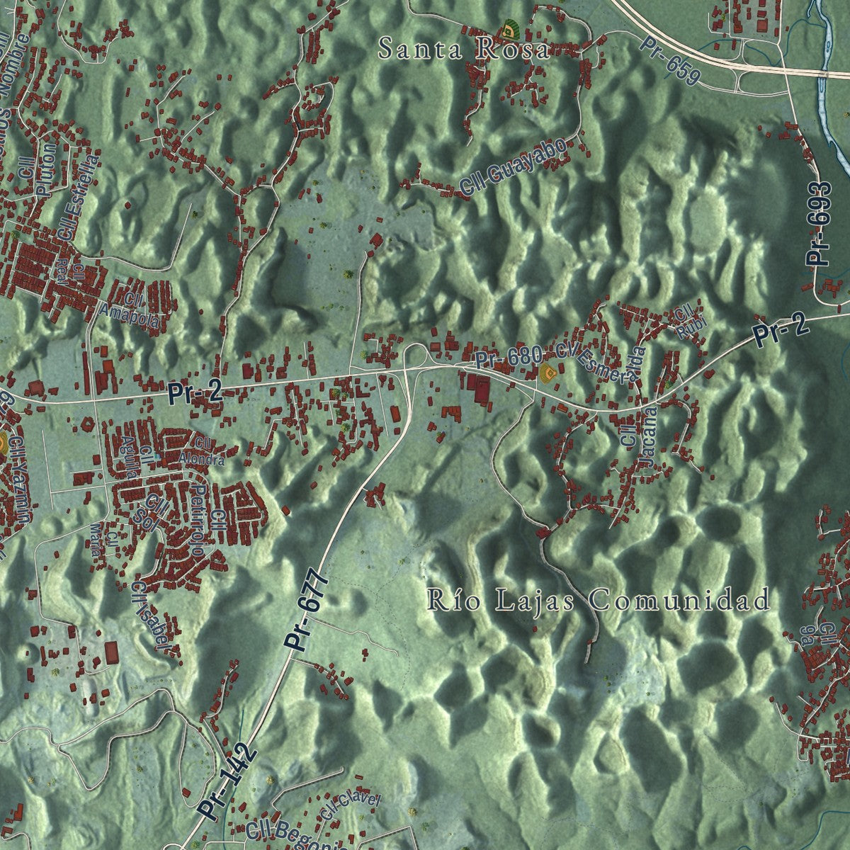 Close-up of the map of Dorado, Puerto Rico print showing street and building detail