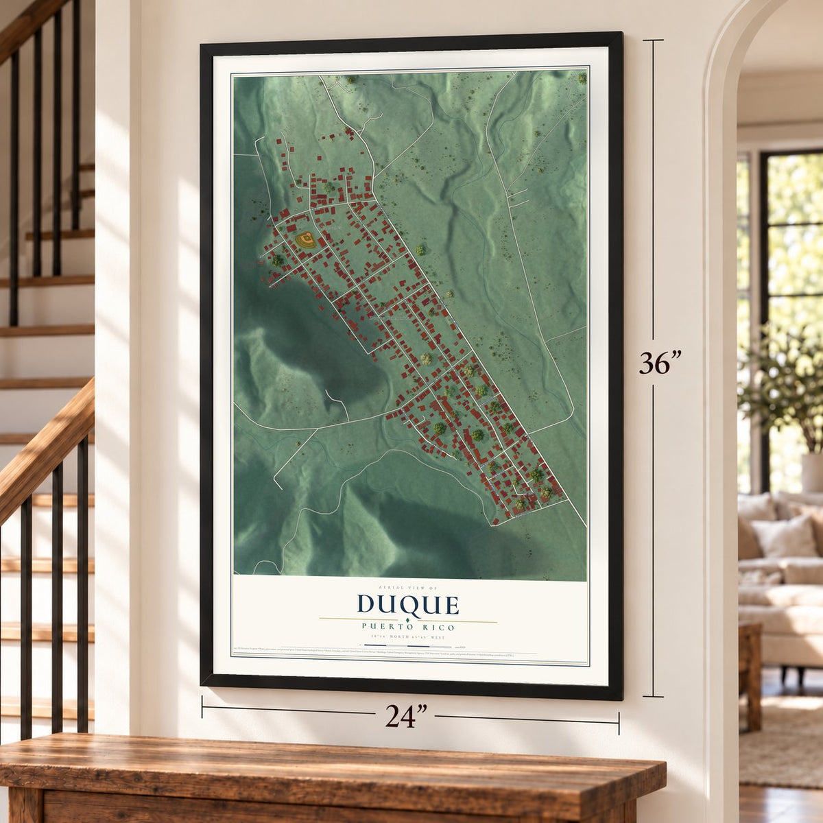 Duque, Puerto Rico map, 24 x 36 inch print in a black frame by a staircase