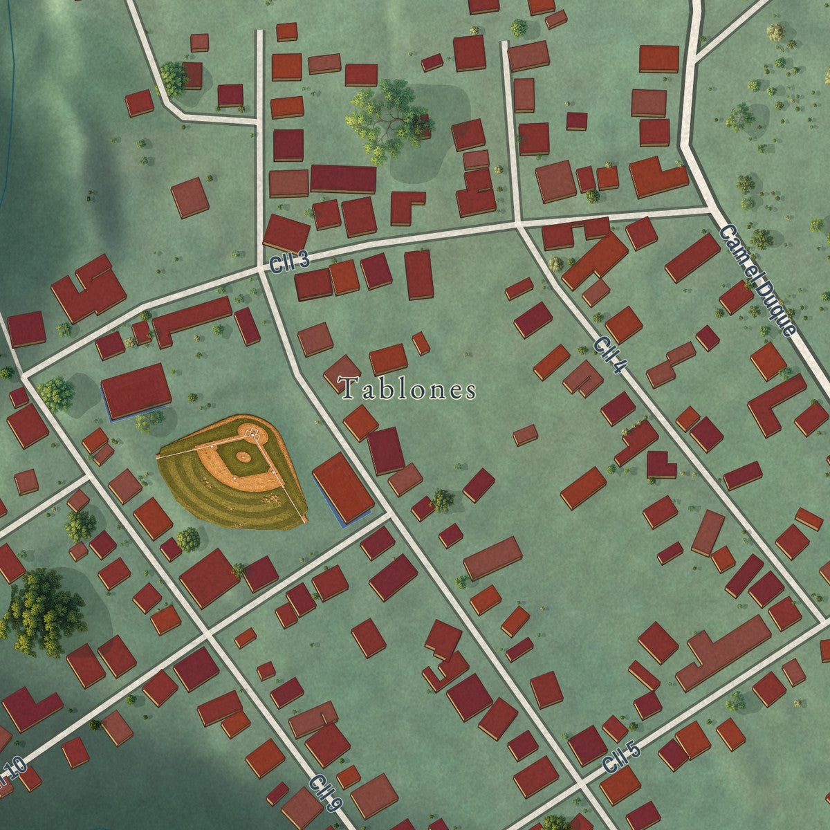 Close-up of the map of Duque, Puerto Rico print showing street and building detail