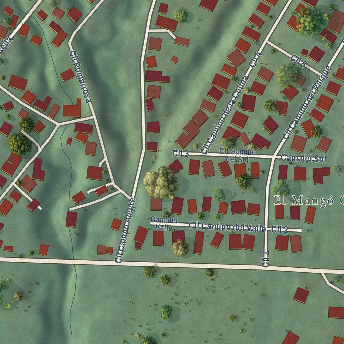 Close-up of the map of El Mangó, Puerto Rico print showing street and building detail