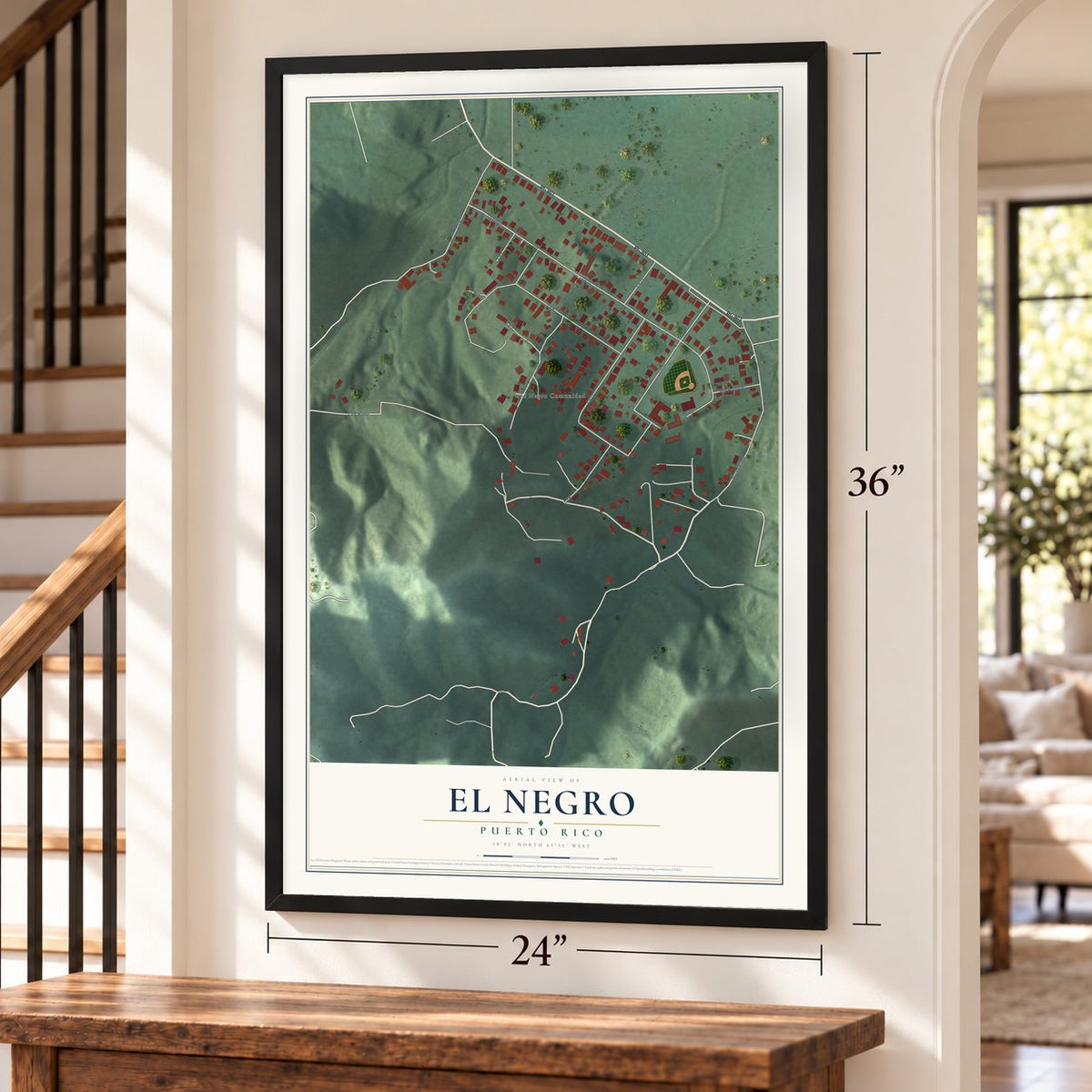 El Negro, Puerto Rico map, 24 x 36 inch print in a black frame by a staircase