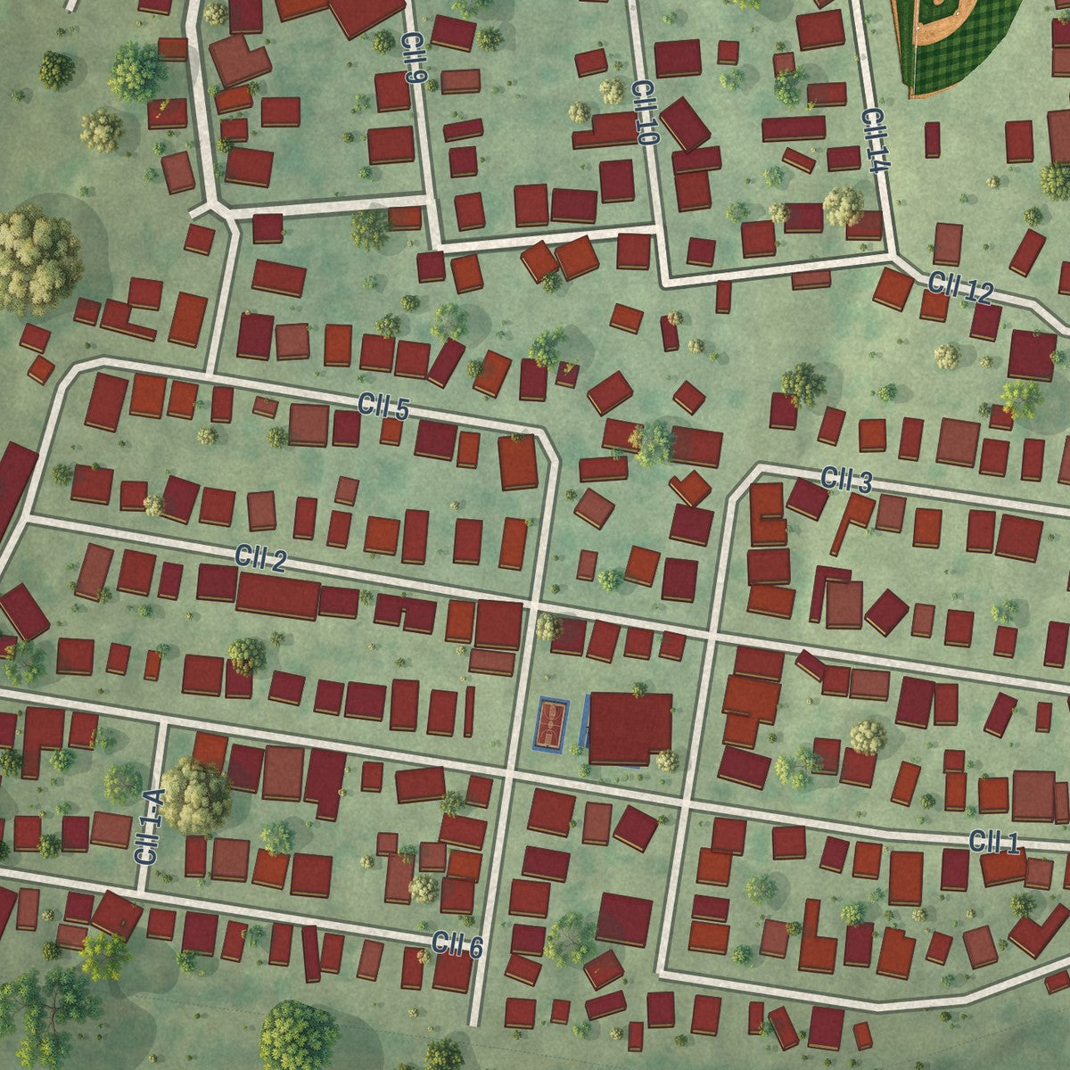 Close-up of the map of El Ojo, Puerto Rico print showing street and building detail
