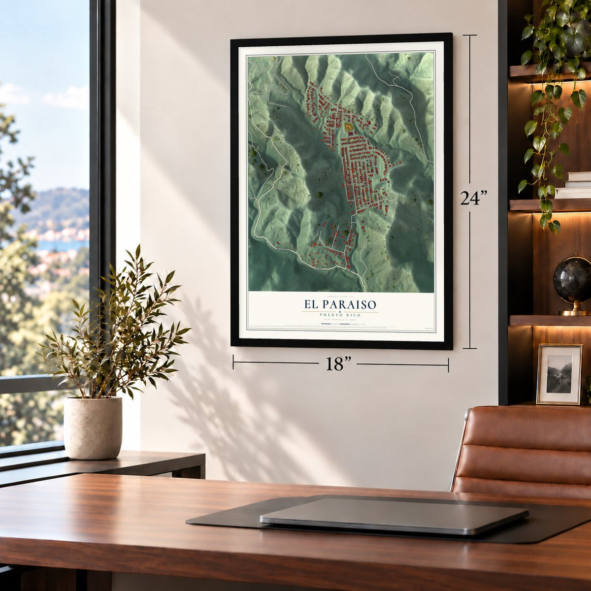 El Paraiso, Puerto Rico map, 18 x 24 inch print in a black frame in a home office
