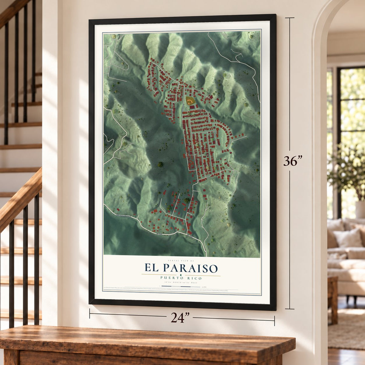 El Paraiso, Puerto Rico map, 24 x 36 inch print in a black frame by a staircase