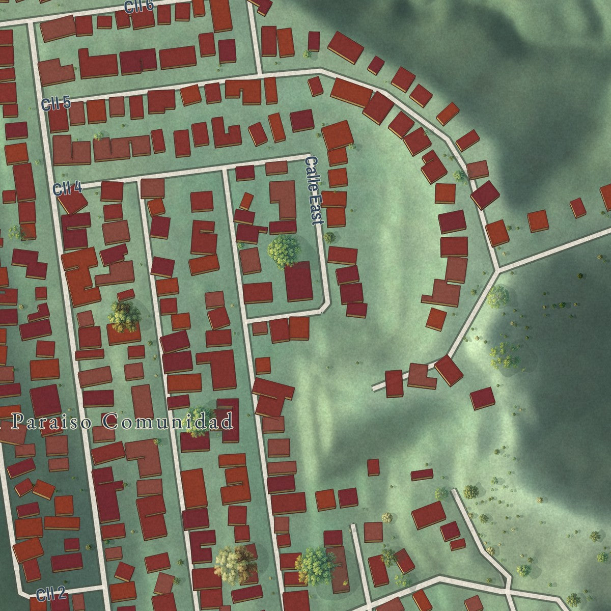 Close-up of the map of El Paraiso, Puerto Rico print showing street and building detail