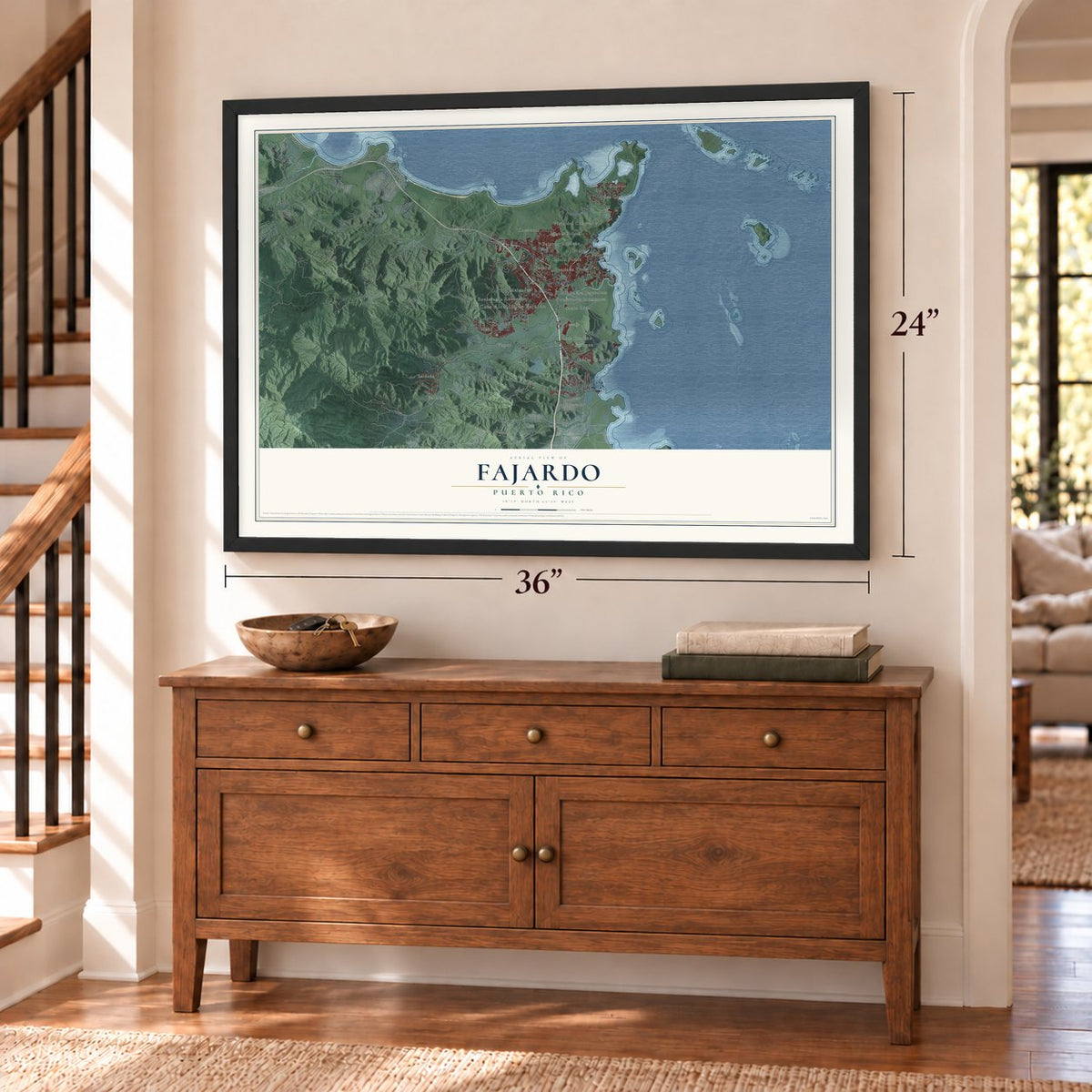 Fajardo, Puerto Rico map, 24 x 36 inch print in a black frame above a dresser by a staircase