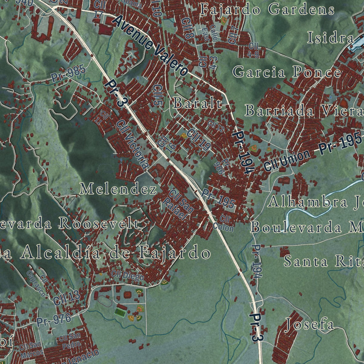 Close-up of the map of Fajardo, Puerto Rico print showing street and building detail
