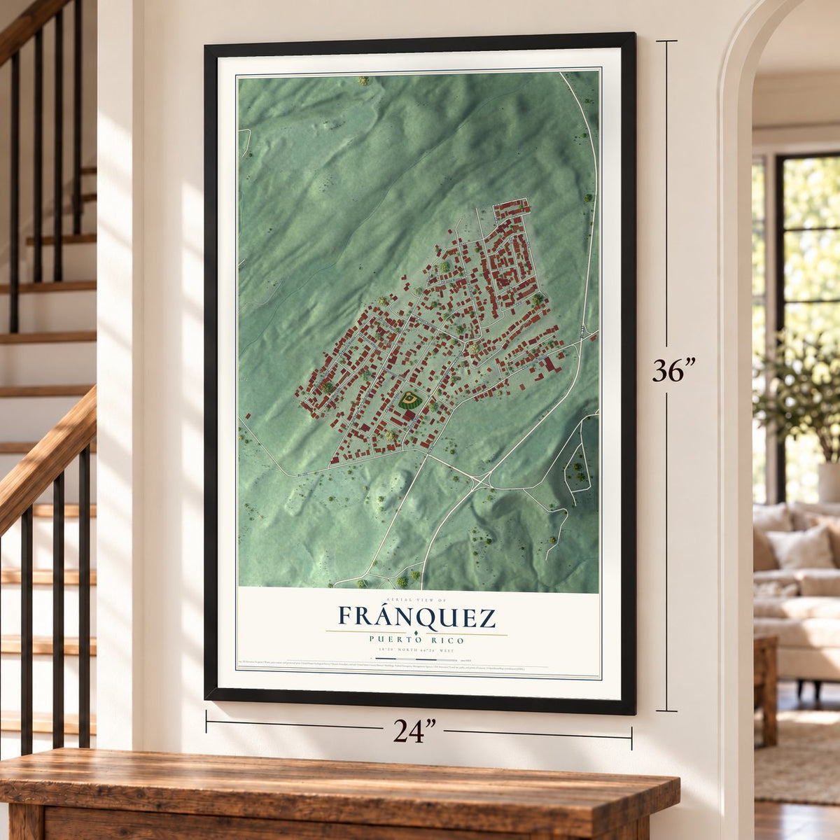 Fránquez, Puerto Rico map, 24 x 36 inch print in a black frame by a staircase