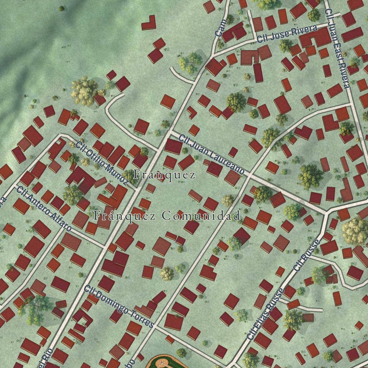 Close-up of the map of Fránquez, Puerto Rico print showing street and building detail