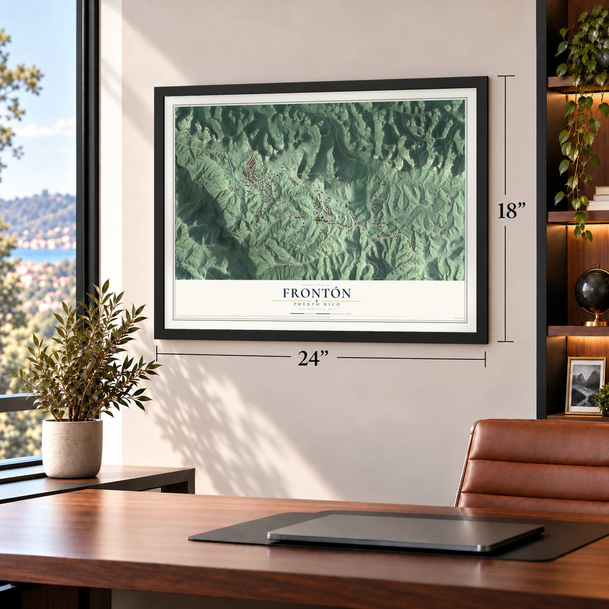 Frontón, Puerto Rico map, 18 x 24 inch print in a black frame in a home office