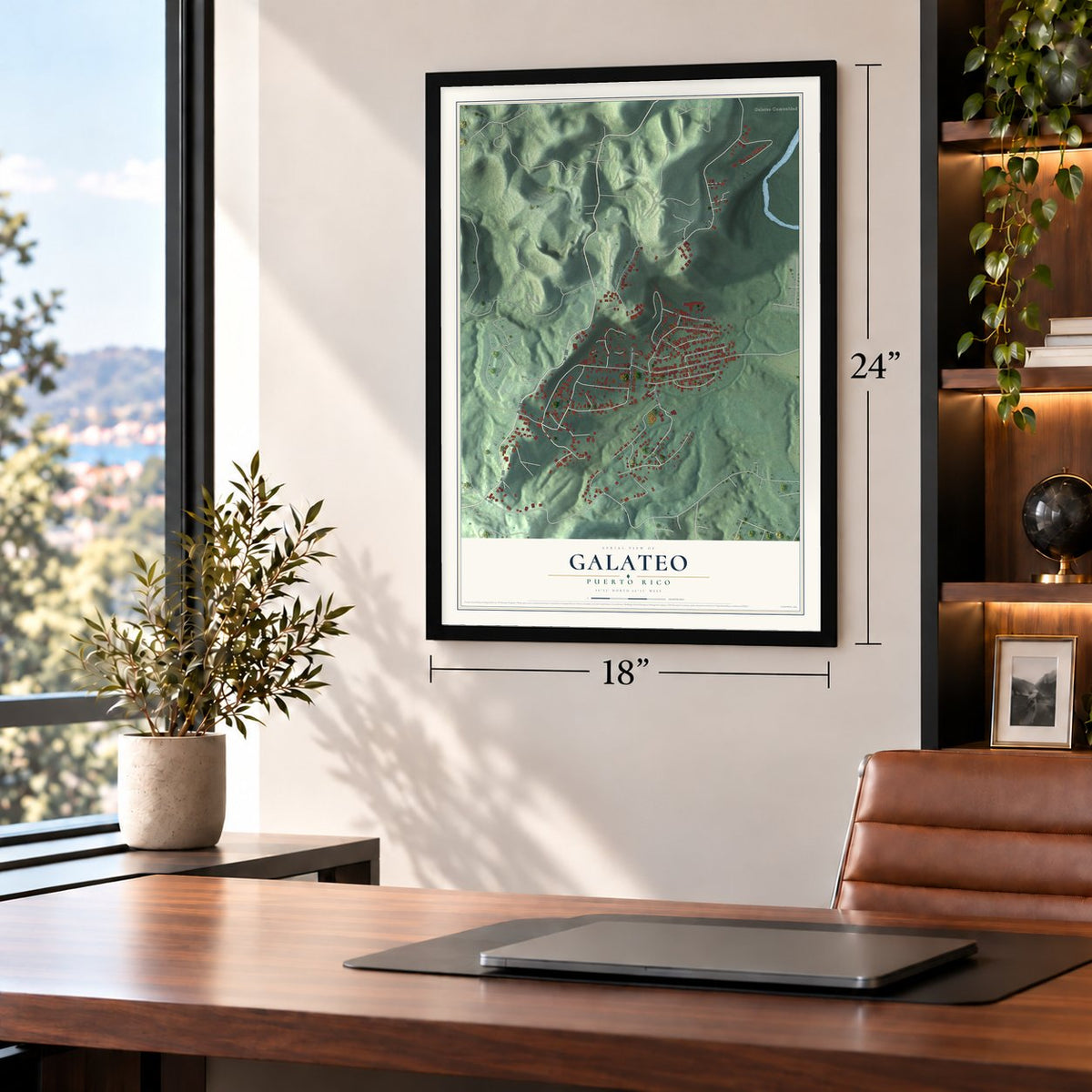 Galateo, Puerto Rico map, 18 x 24 inch print in a black frame in a home office