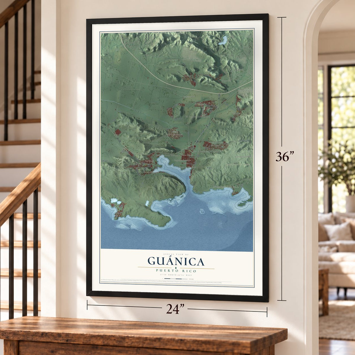 Guánica, Puerto Rico map, 24 x 36 inch print in a black frame by a staircase