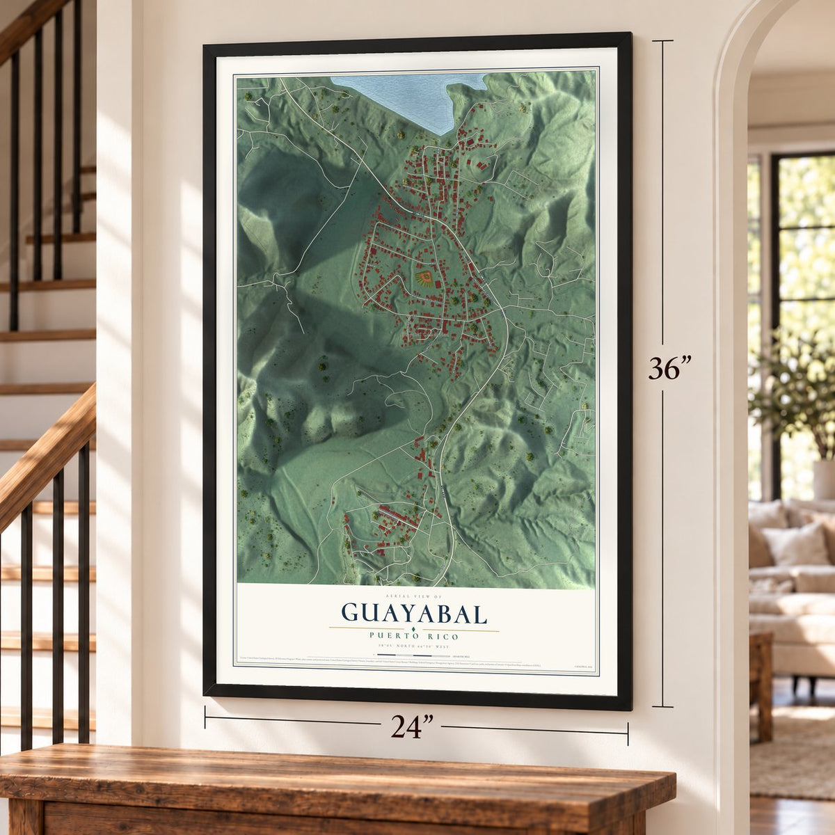 Guayabal, Puerto Rico map, 24 x 36 inch print in a black frame by a staircase