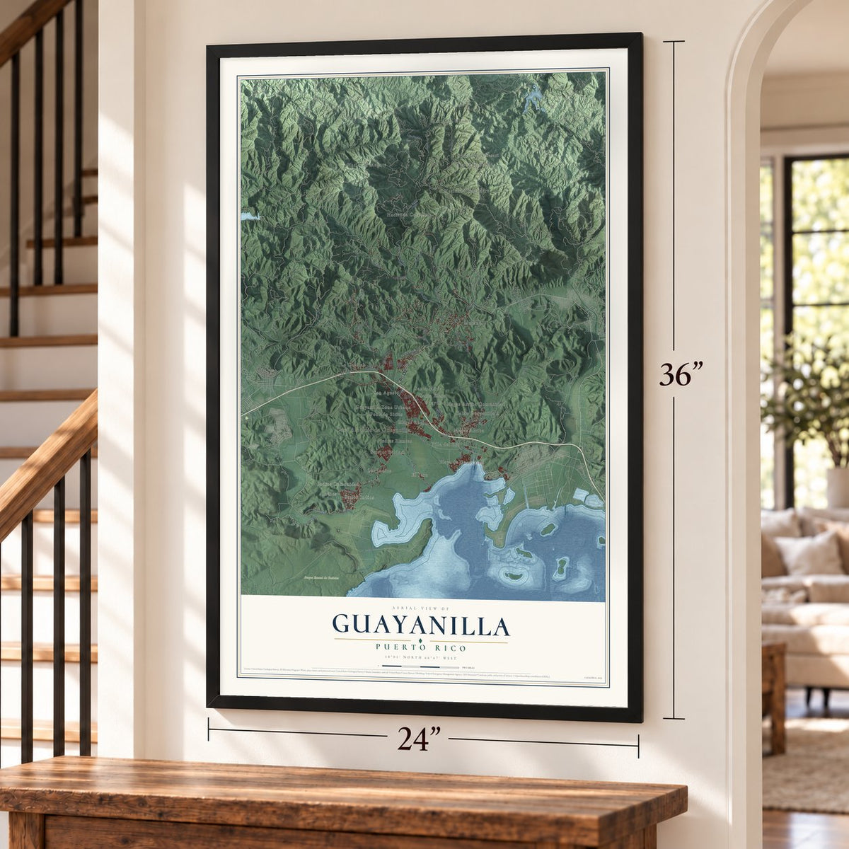 Guayanilla, Puerto Rico map, 24 x 36 inch print in a black frame by a staircase