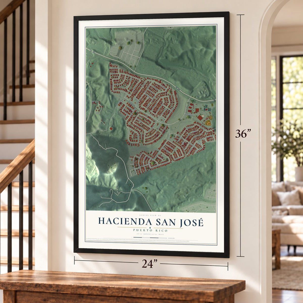 Hacienda San José, Puerto Rico map, 24 x 36 inch print in a black frame by a staircase