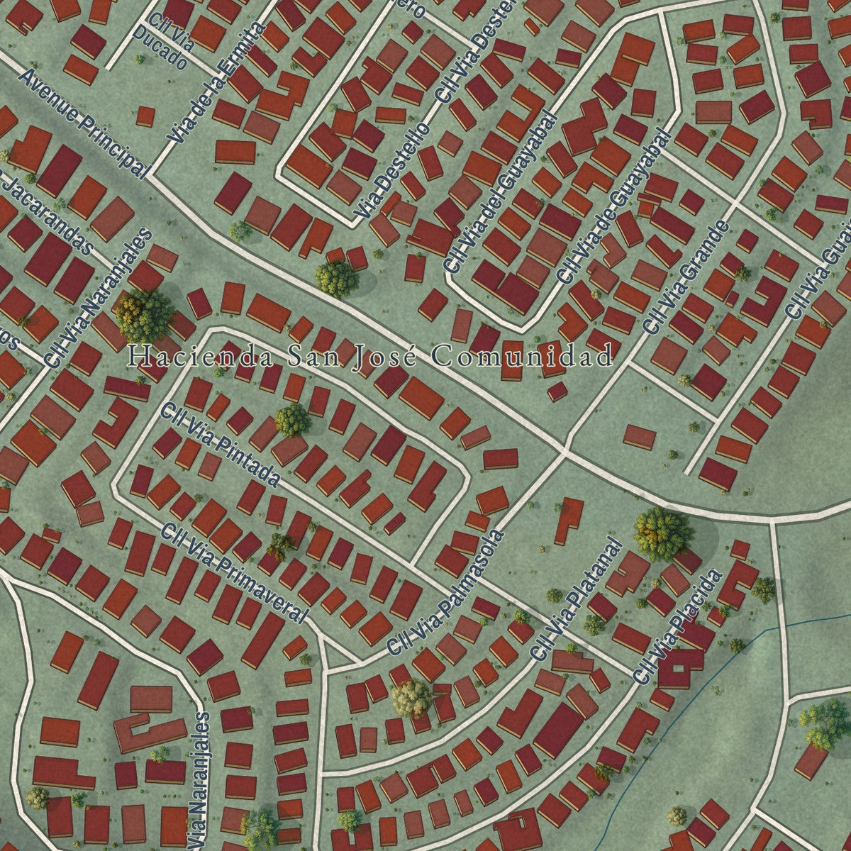 Close-up of the map of Hacienda San José, Puerto Rico print showing street and building detail