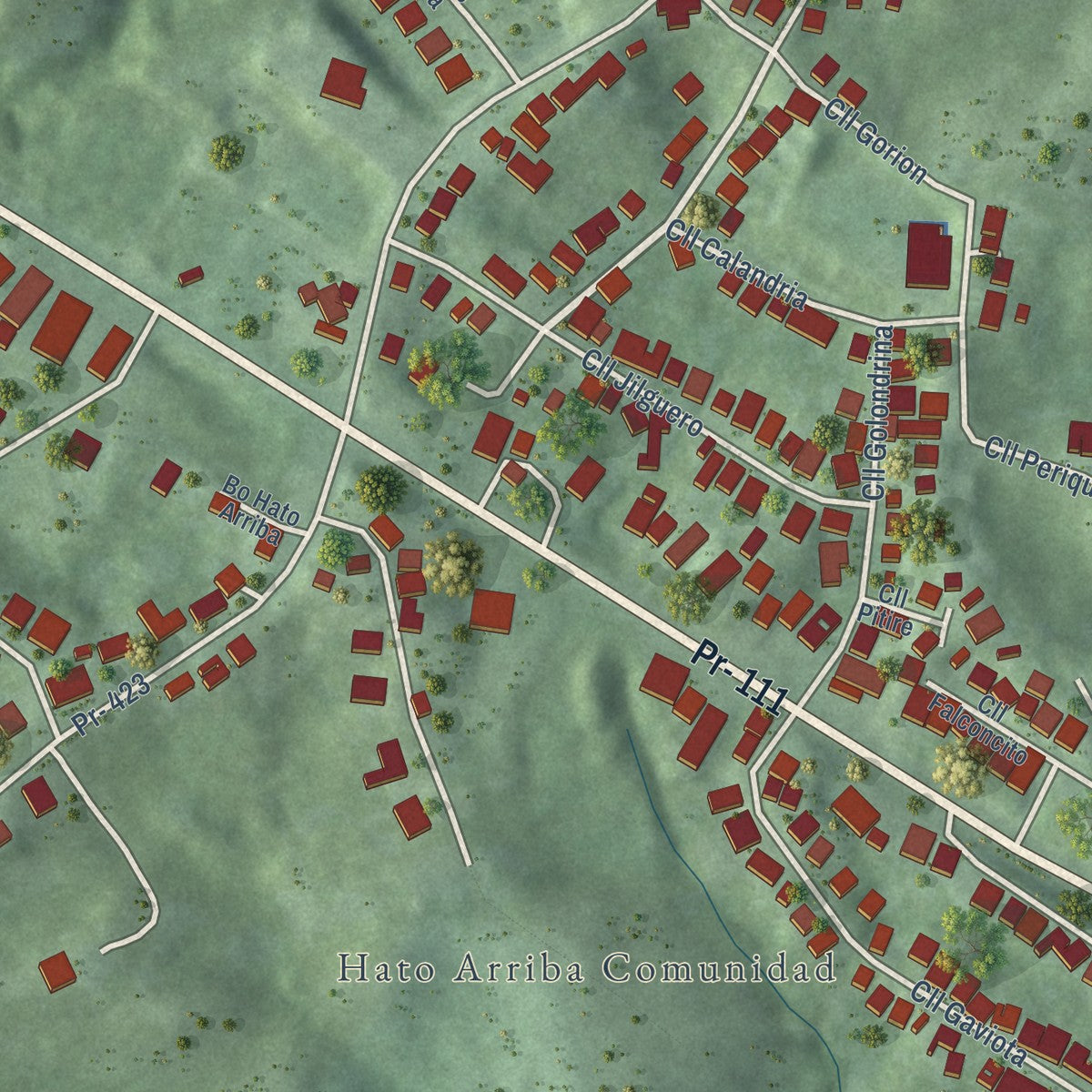 Close-up of the map of Hato Arriba, Puerto Rico print showing street and building detail