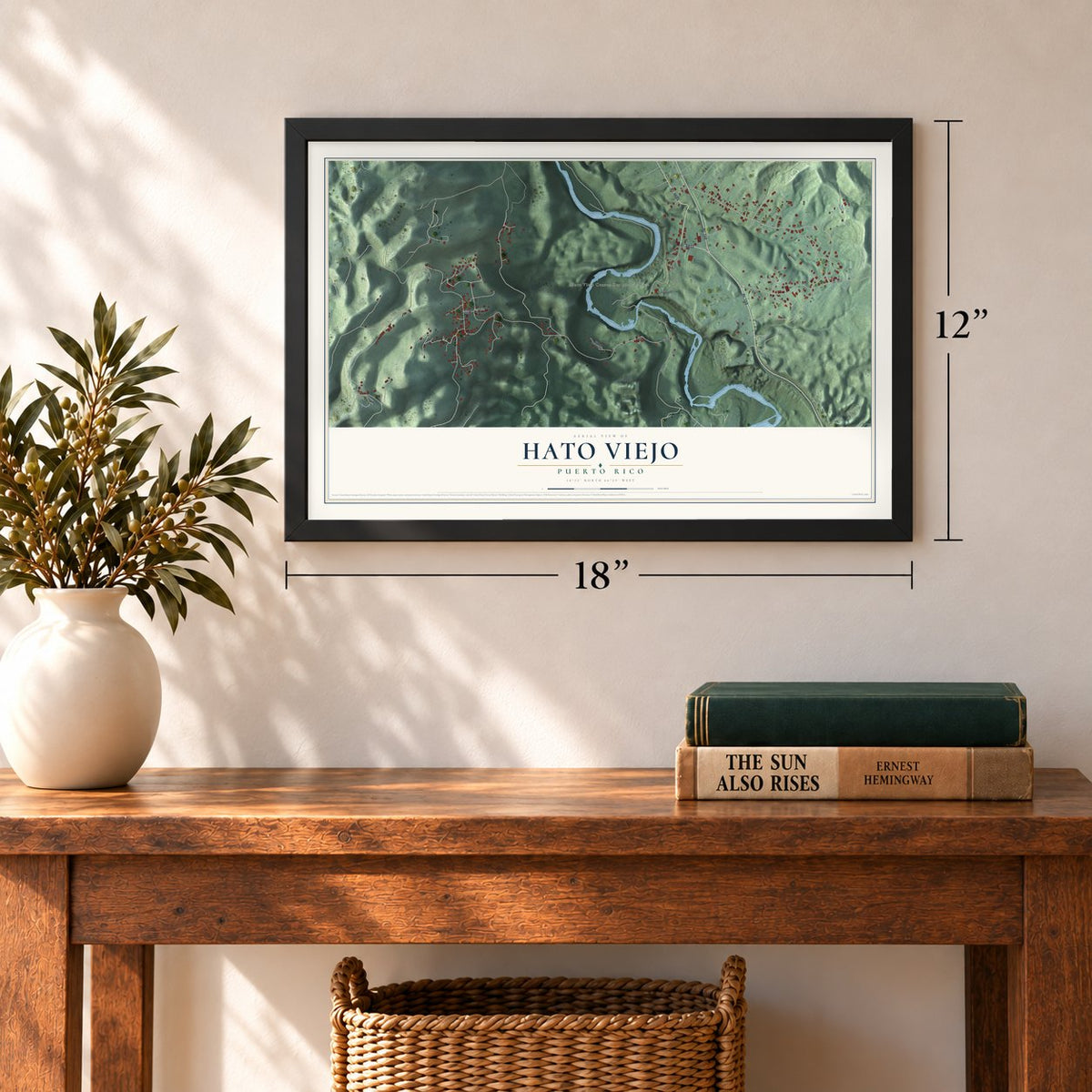 Hato Viejo, Puerto Rico map, 12 x 18 inch print in a black frame in an entryway