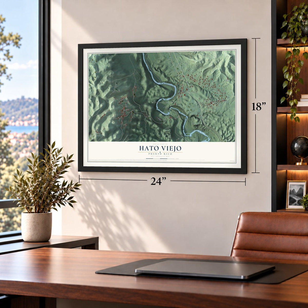 Hato Viejo, Puerto Rico map, 18 x 24 inch print in a black frame in a home office