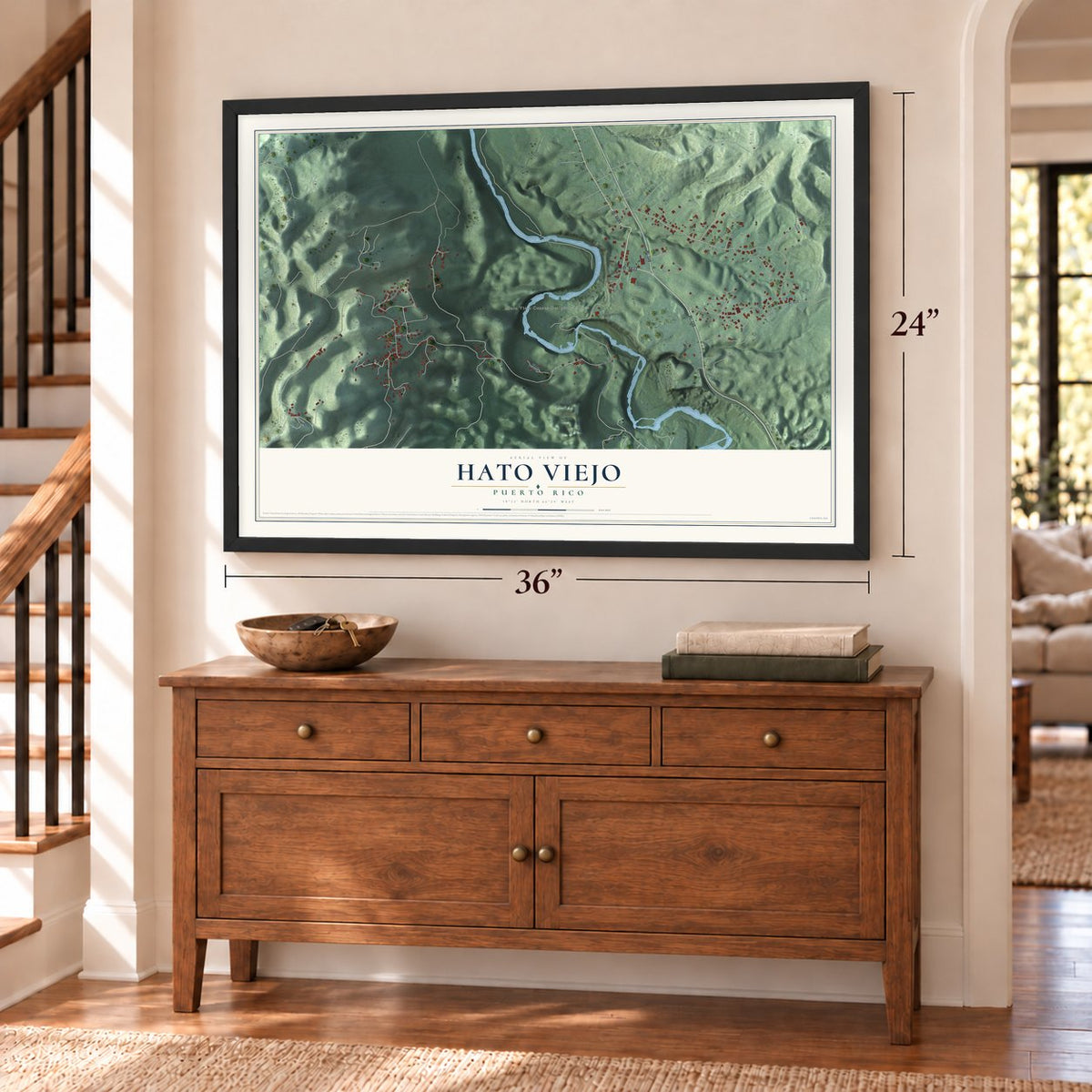 Hato Viejo, Puerto Rico map, 24 x 36 inch print in a black frame above a dresser by a staircase